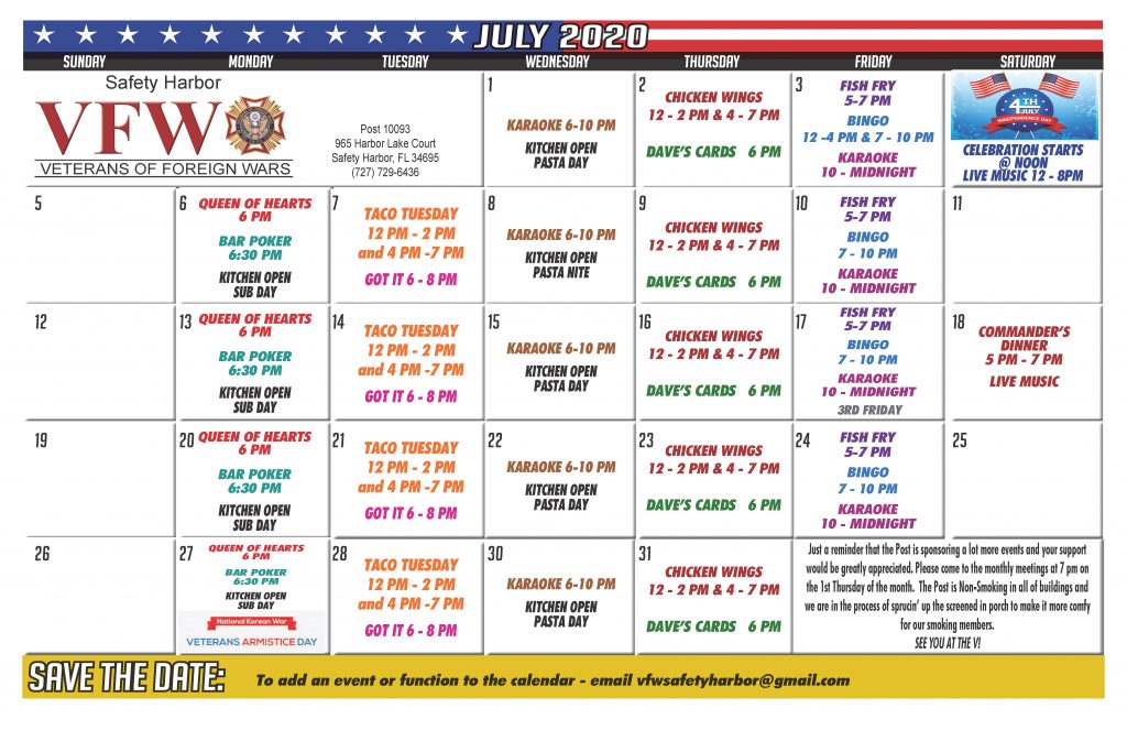 Calendar VFW Safety Harbor quot The quot V quot with a View quot